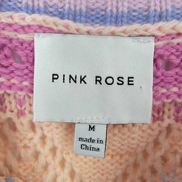 Pink Rose Sweater Vest Womens Medium Striped Open Knit Pastels Preppy Coastal - Picture 7 of 10
